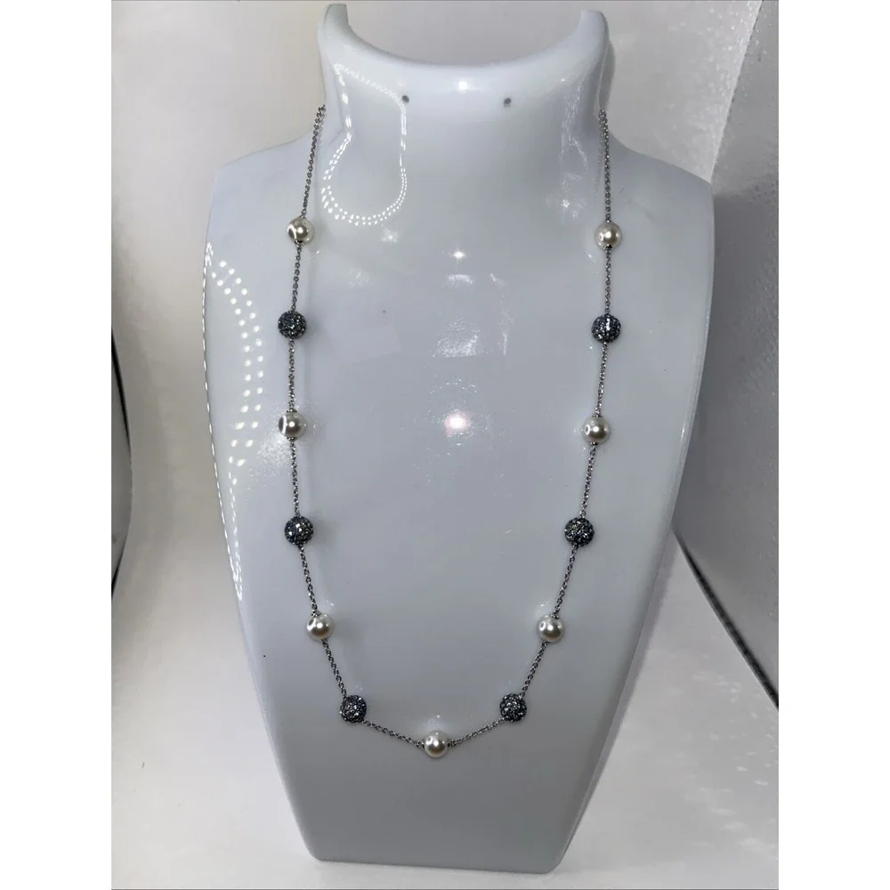 Silver-Tone Station Necklace with Faux Pearls & Blue Pavé Crystal Beads Polished